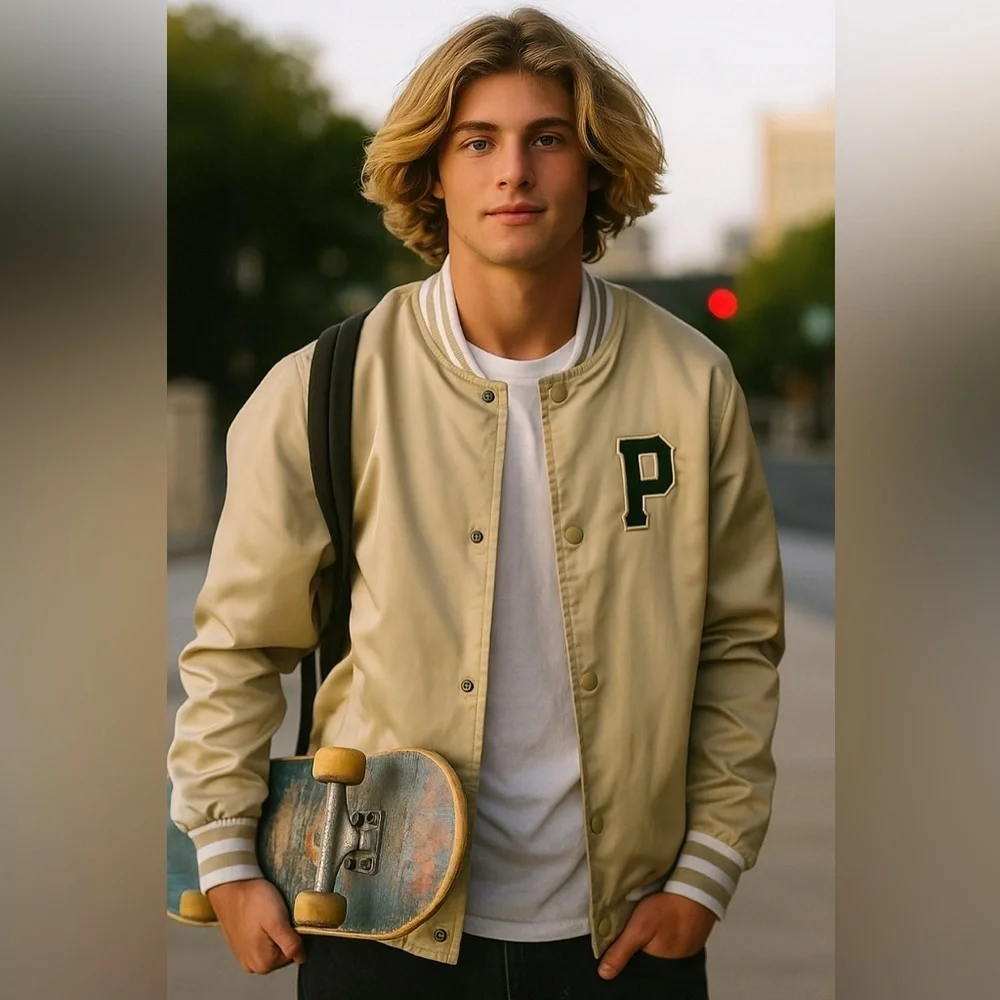 NWT Men’s Primitive Skateboarding Beige Satin Bomber Jacket Size Large L